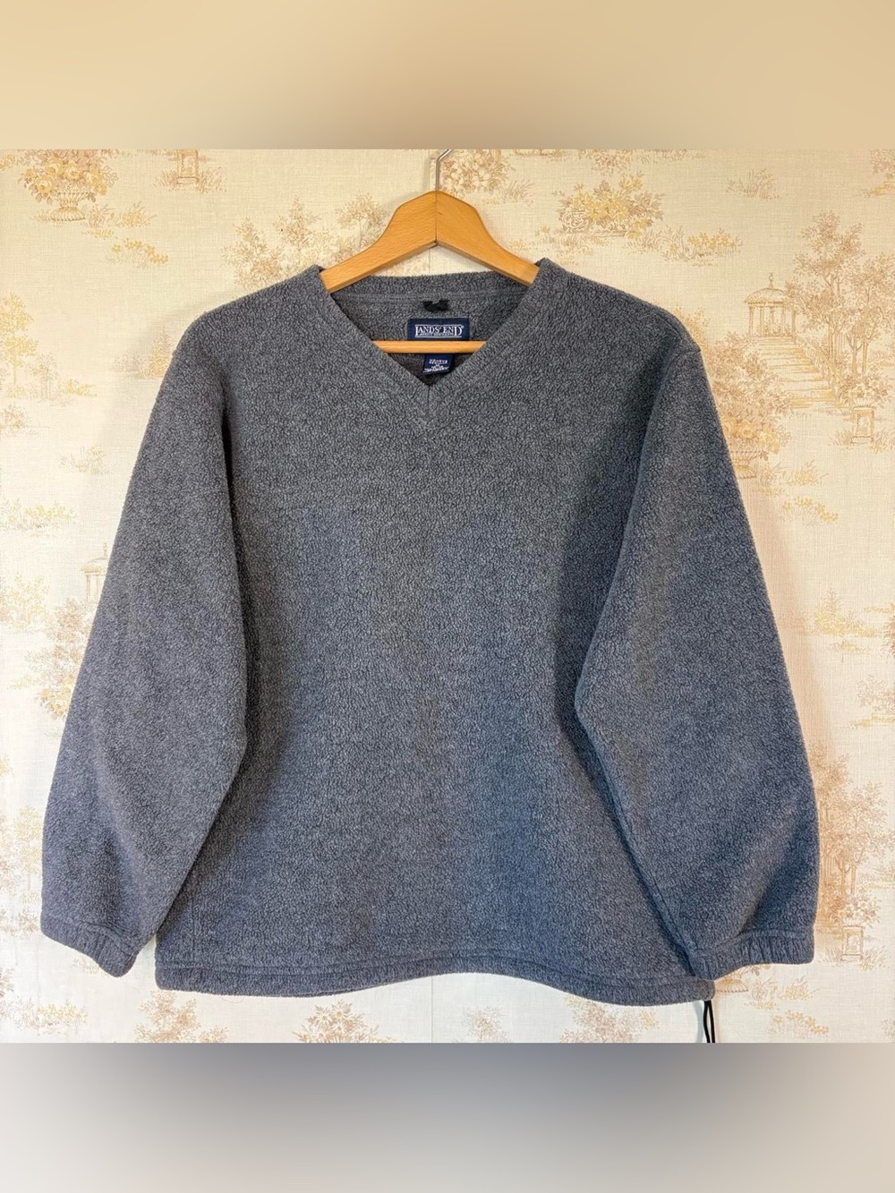 Vintage 90s Lands' End Gray V-Neck Fleece Pullover Gorpcore Streetwear Outdoor